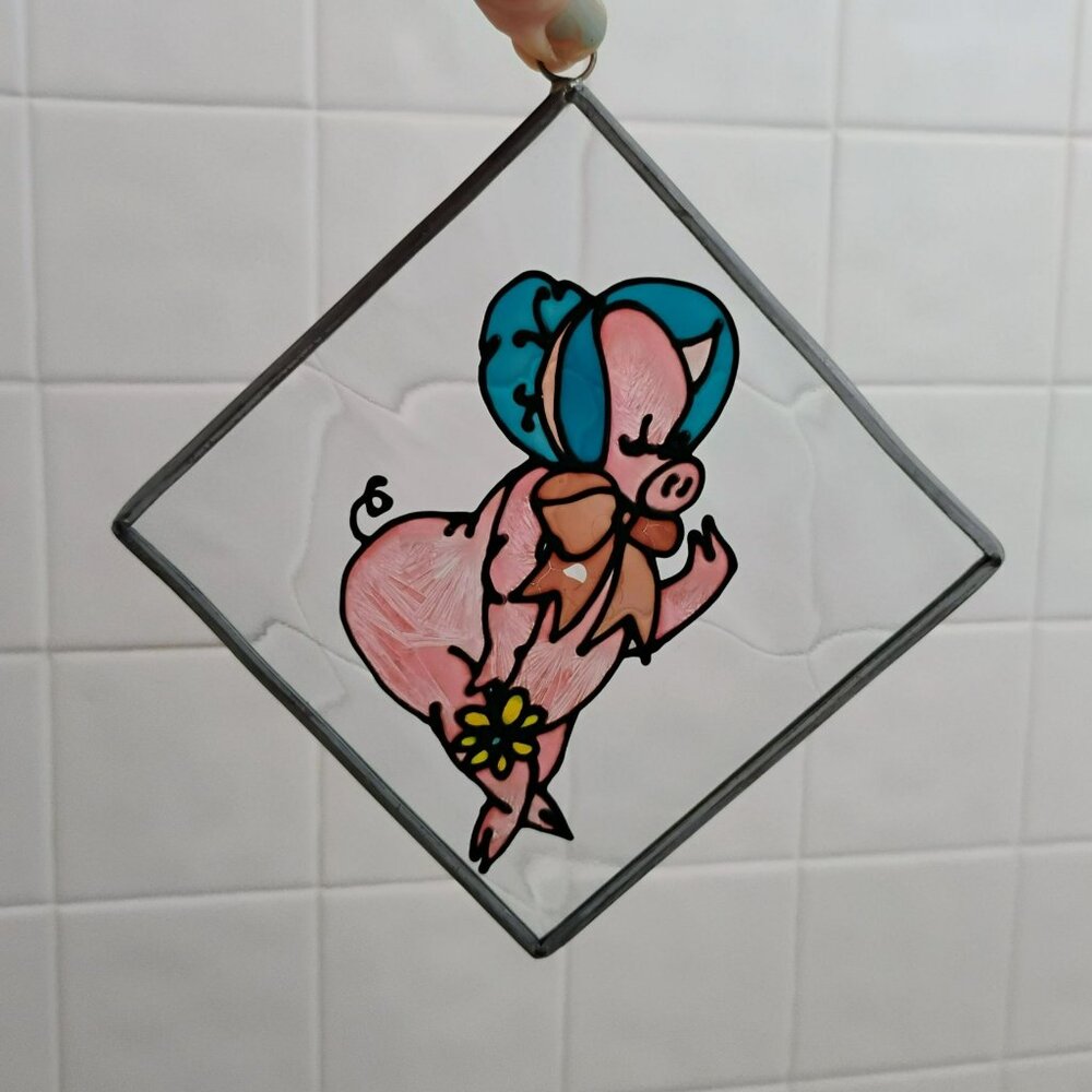 Stained Glass Pig Sun Catcher, Piglet in Blue Bonnet & Orange Bow 5" Suncatcher